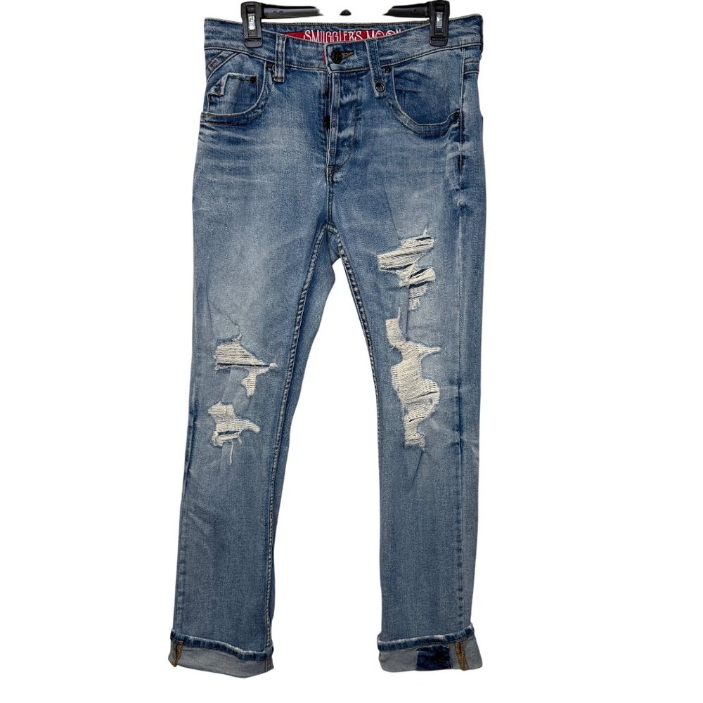 Smugglers Moon men’s Distressed Blue Jeans Size 32x33 Skull & Crossbones Cuffed
